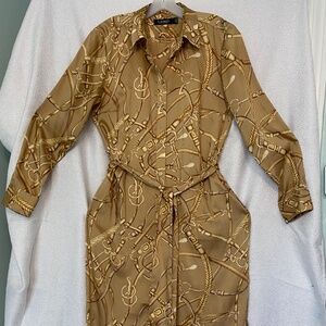 Ralph Lauren satin button up tie waist midi length size 4 tan gold